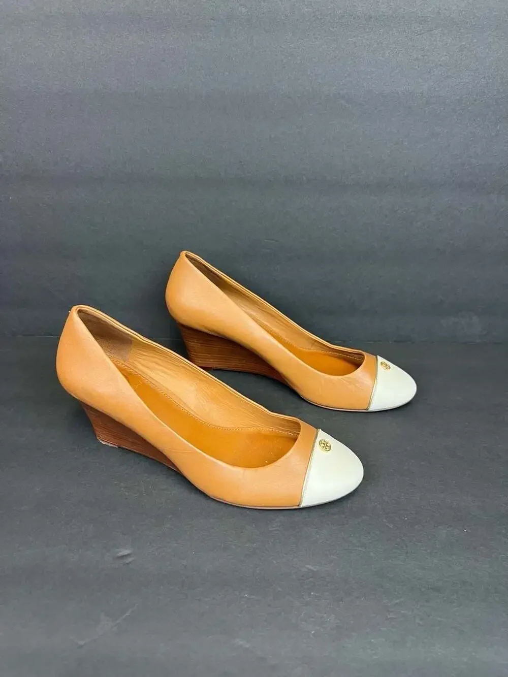 Tory Burch Women's Ivory Brown TIFFY Wedge-Mason Leather Shoes Sz 7.5M MSRP $298